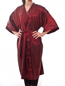 Gina - Our Iridescent Polyblend Wraparound Kimono in Burgundy, front