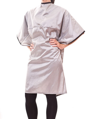 Rita - saloncapes.com's High Performance, Reversible Kevlar-blend Chemical Cape in Black/Silver, color side