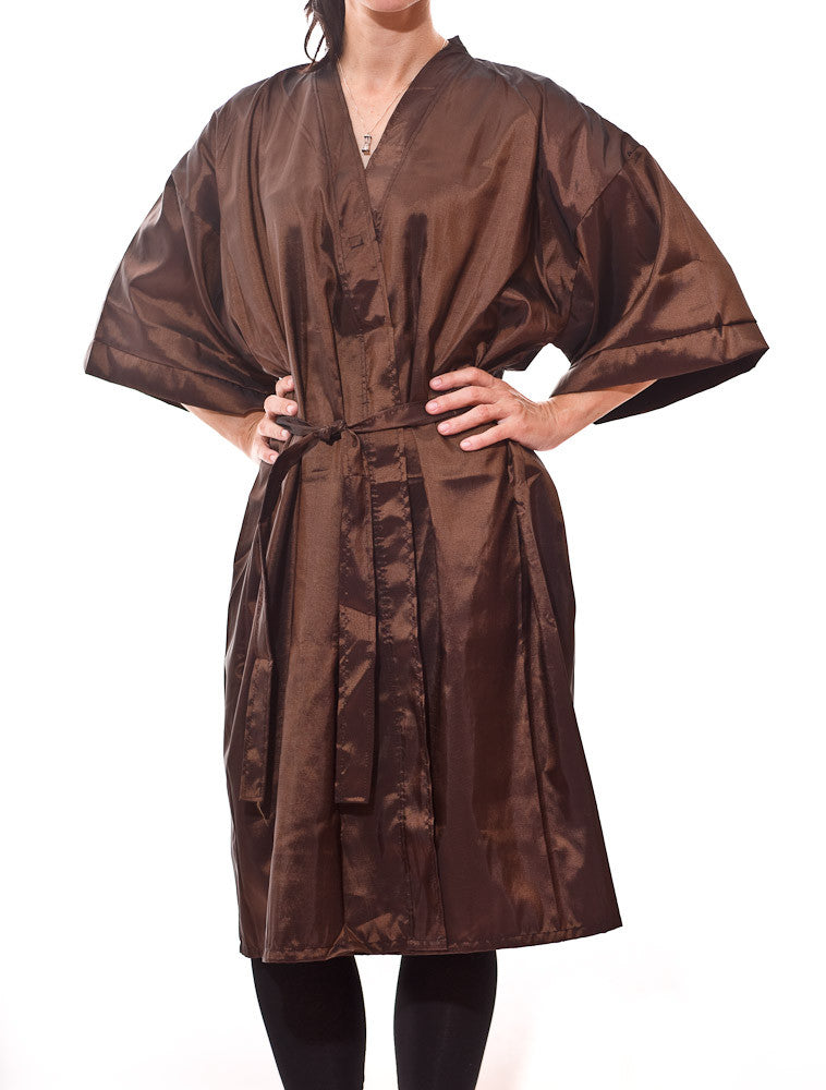 Gina - saloncapes.com's High Performance, Iridescent Polyblend Wraparound Client Kimono in Brown, front