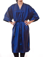 Gina - saloncapes.com's High Performance, Iridescent Polyblend Wraparound Client Kimono in Royal Blue, front