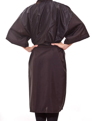 Jayne - saloncapes.com's High Performance, Lightweight Crepe Wraparound Client Kimono in Black, chemical back