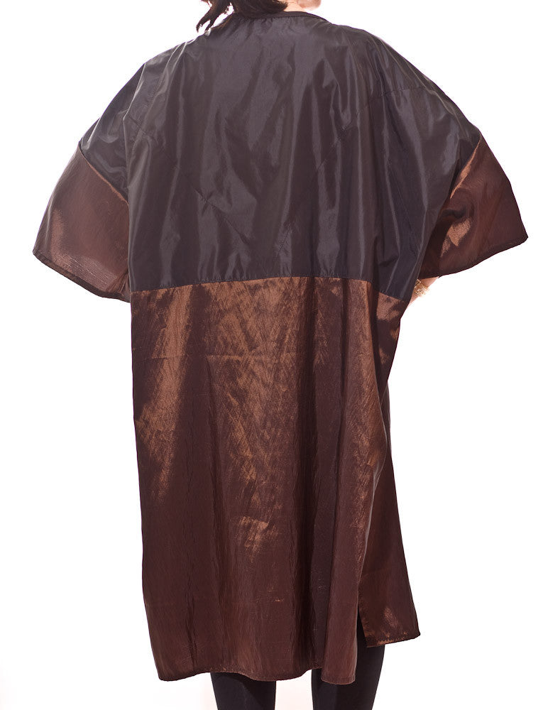 Betty - saloncapes.com's High Performance, Iridescent Polyblend Zip-up Client Robe in Brown, chemical back