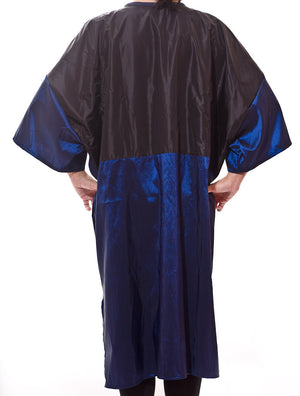 Betty - saloncapes.com's High Performance, Iridescent Polyblend Zip-up Client Robe in Royal Blue, chemical back