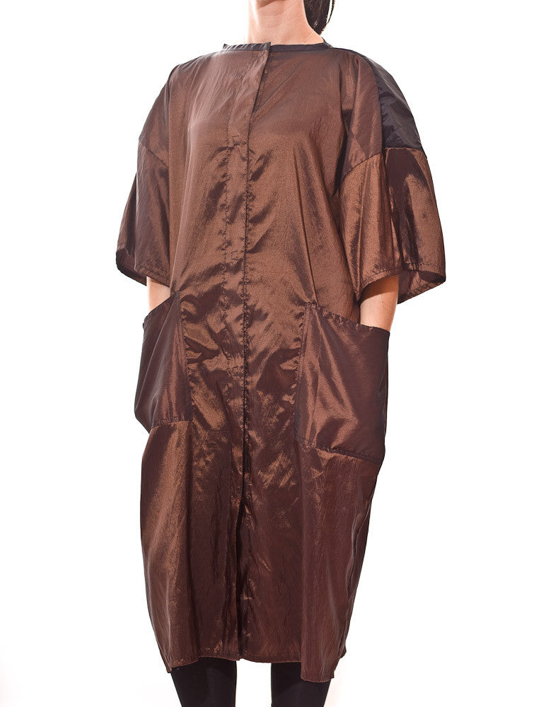 Marilyn - saloncapes.com's Iridescent, High Performance Polyblend Snap Client Robe in Brown, front