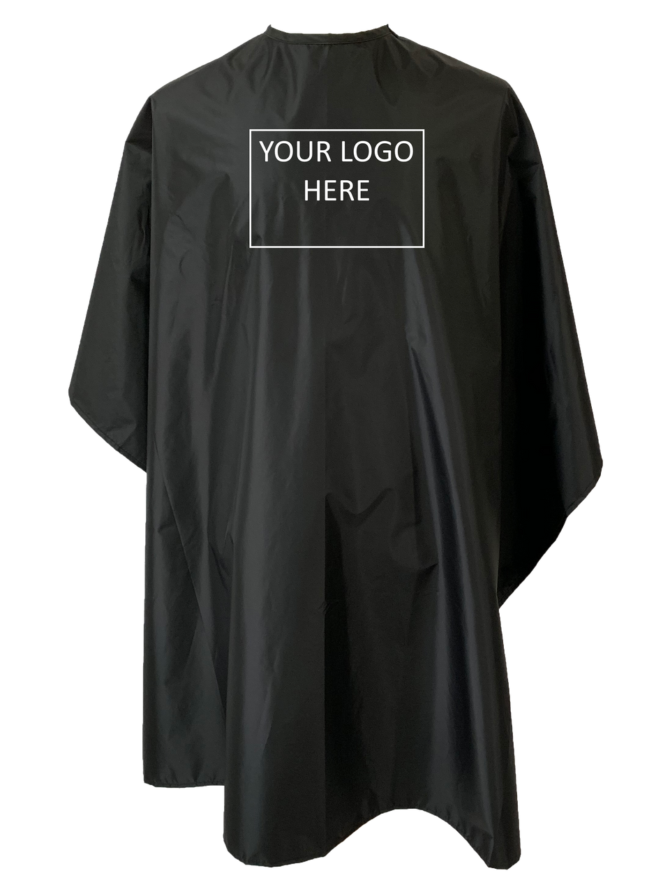 Black chemical cape showing logo position for custom capes