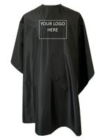 Black chemical cape showing logo position for custom capes