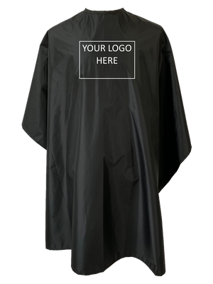 Black chemical cape showing logo position for custom capes