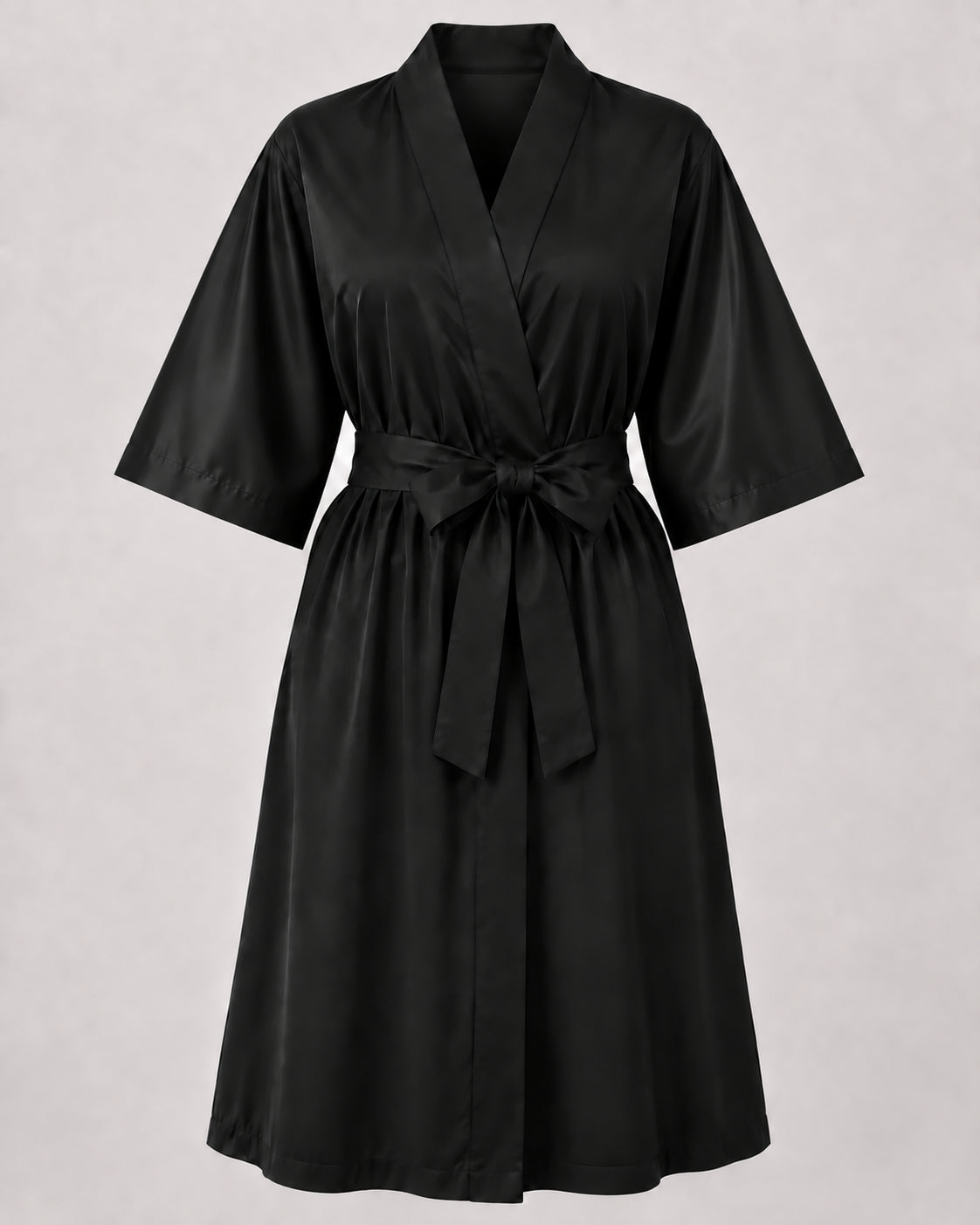 Black Crepe Kimono Client Robe front view with matching waist belt