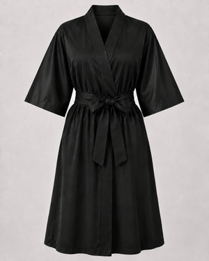 Black Crepe Kimono Client Robe front view with matching waist belt