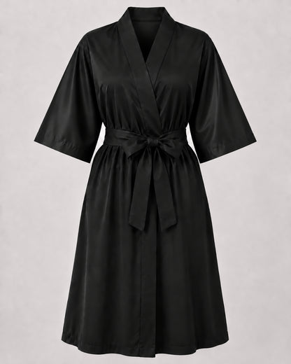 Black Crepe Kimono Client Robe front view with matching waist belt