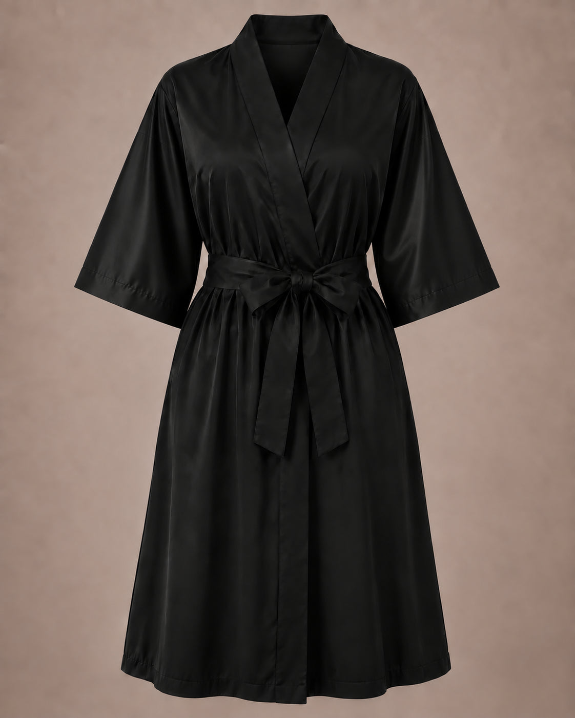 Black iridescent Kimono Client Robe front view with matching waist belt