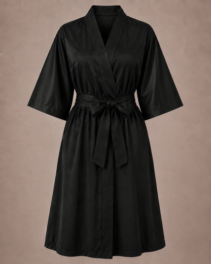 Black iridescent Kimono Client Robe front view with matching waist belt