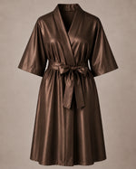 Brown iridescent Kimono Client Robe front view with matching waist belt