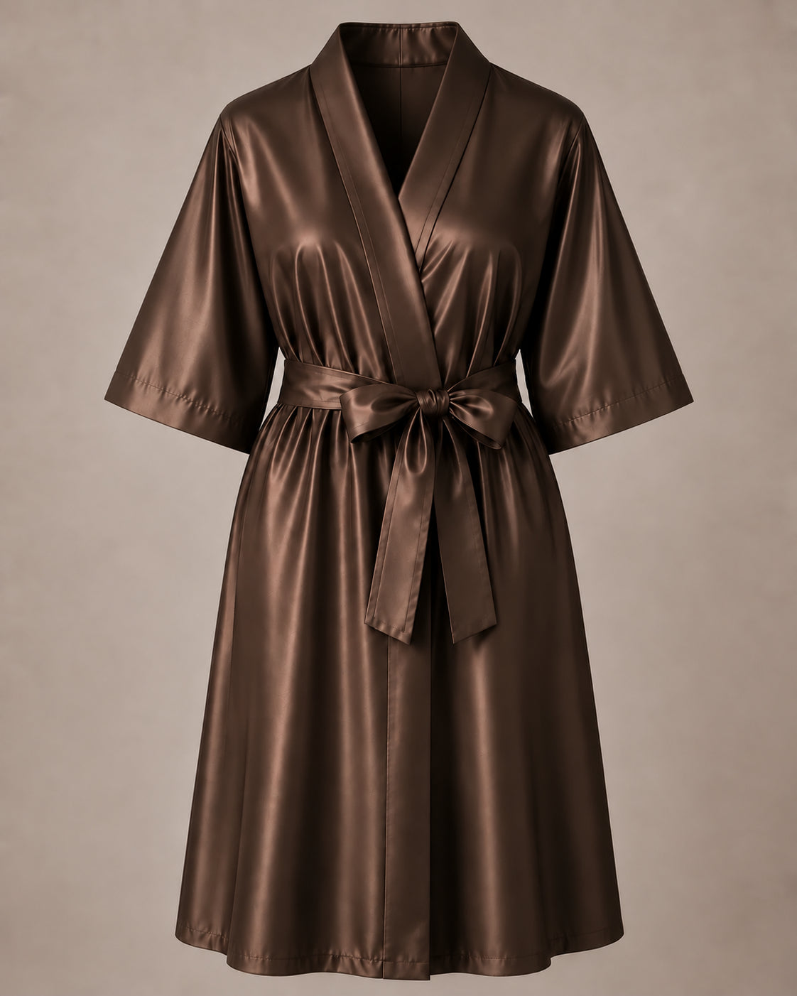 Brown iridescent Kimono Client Robe front view with matching waist belt