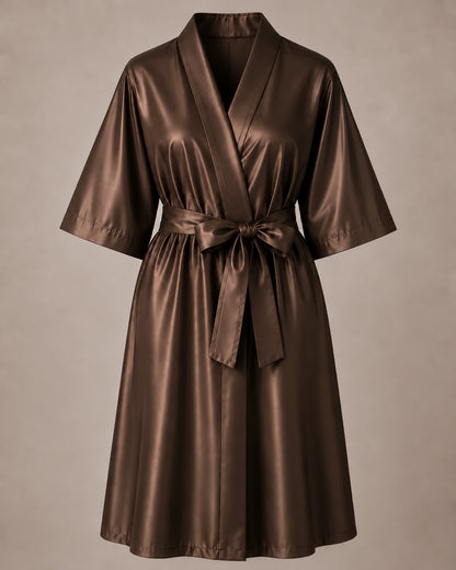 Brown iridescent Kimono Client Robe front view with matching waist belt
