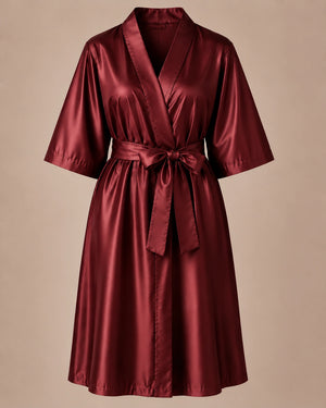 Burgundy iridescent Kimono Client Robe front view with matching waist belt