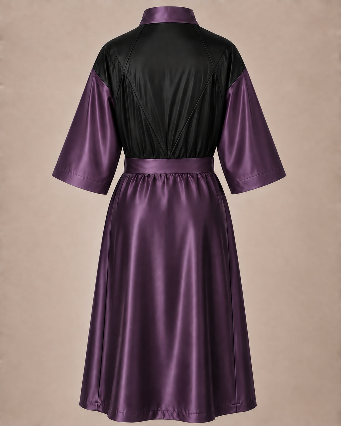 Eggplant Iridescent Kimono Client Robe back view with waterproof black back panel