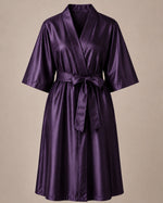 Eggplant iridescent Kimono Client Robe front view with matching waist belt