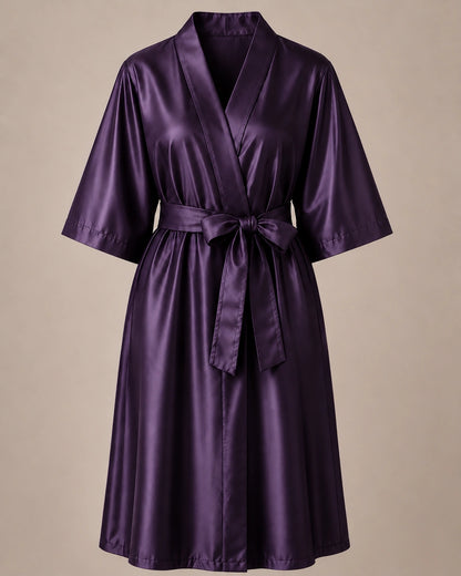 Eggplant iridescent Kimono Client Robe front view with matching waist belt