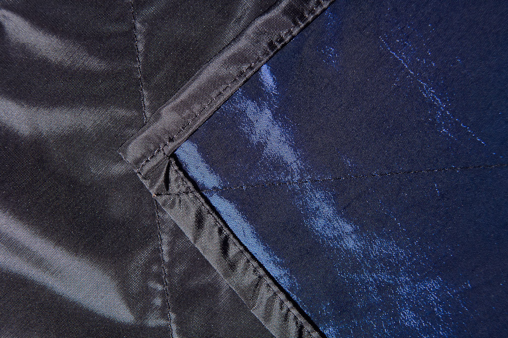 Detail of saloncapes.com's High Performance, Reversible Kevlar-blend Chemical Cape in Black/Blue