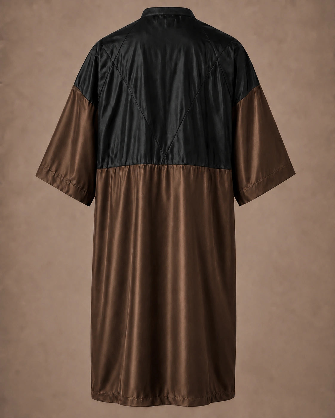 Brown iridescent snap-front salon robe back view with black waterproof upper-back panel