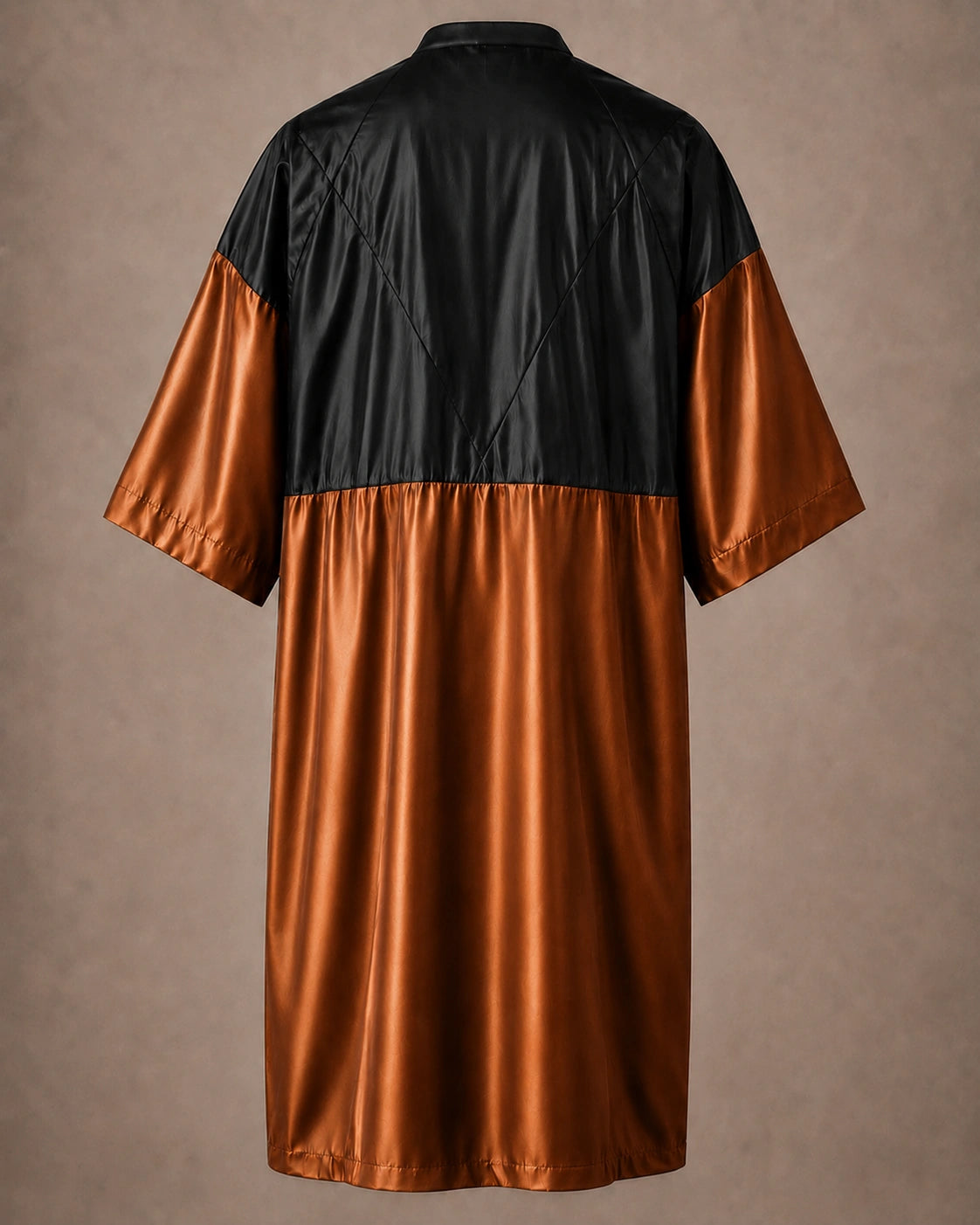Copper iridescent snap-front salon robe back view with black waterproof upper-back panel