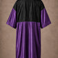 Purple iridescent snap-front salon robe back view with black waterproof upper-back panel