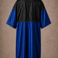 Royal Blue iridescent snap-front salon robe back view with black waterproof upper-back panel