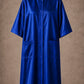 Royal Blue iridescent snap-front salon robe front view with black collar trim, short sleeves and front pockets