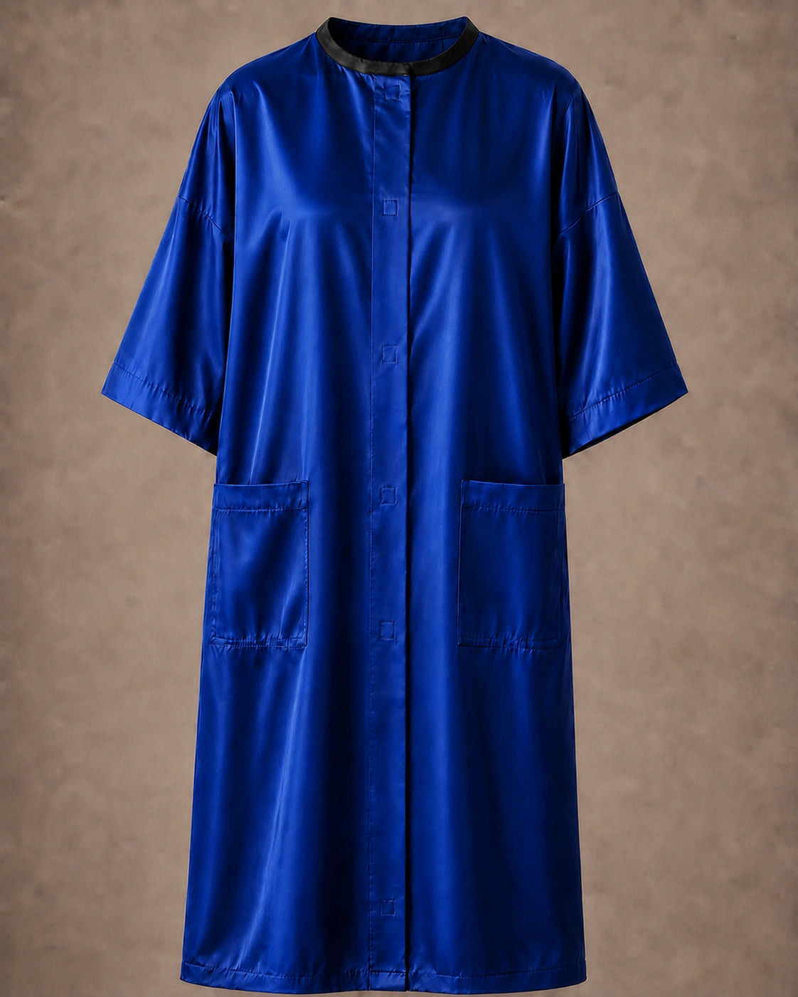 Royal Blue iridescent snap-front salon robe front view with black collar trim, short sleeves and front pockets