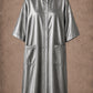 Silver iridescent snap-front salon robe front view with black collar trim, short sleeves and front pockets