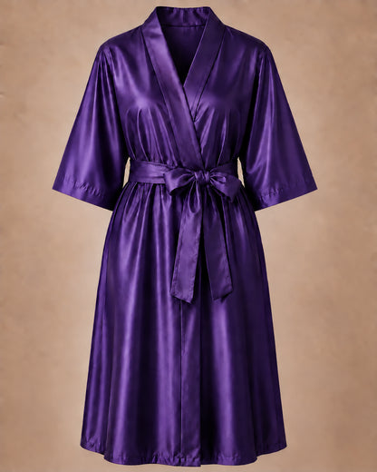 Purple iridescent Kimono Client Robe front view with matching waist belt