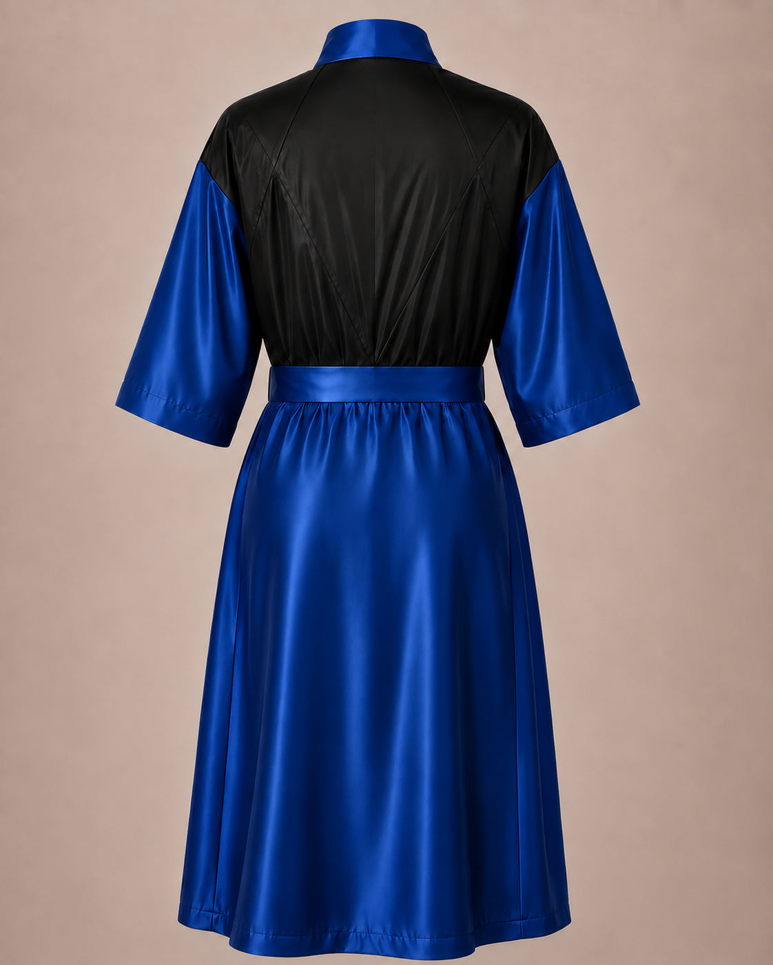 Royal Blue Iridescent Kimono Client Robe back view with waterproof black back panel
