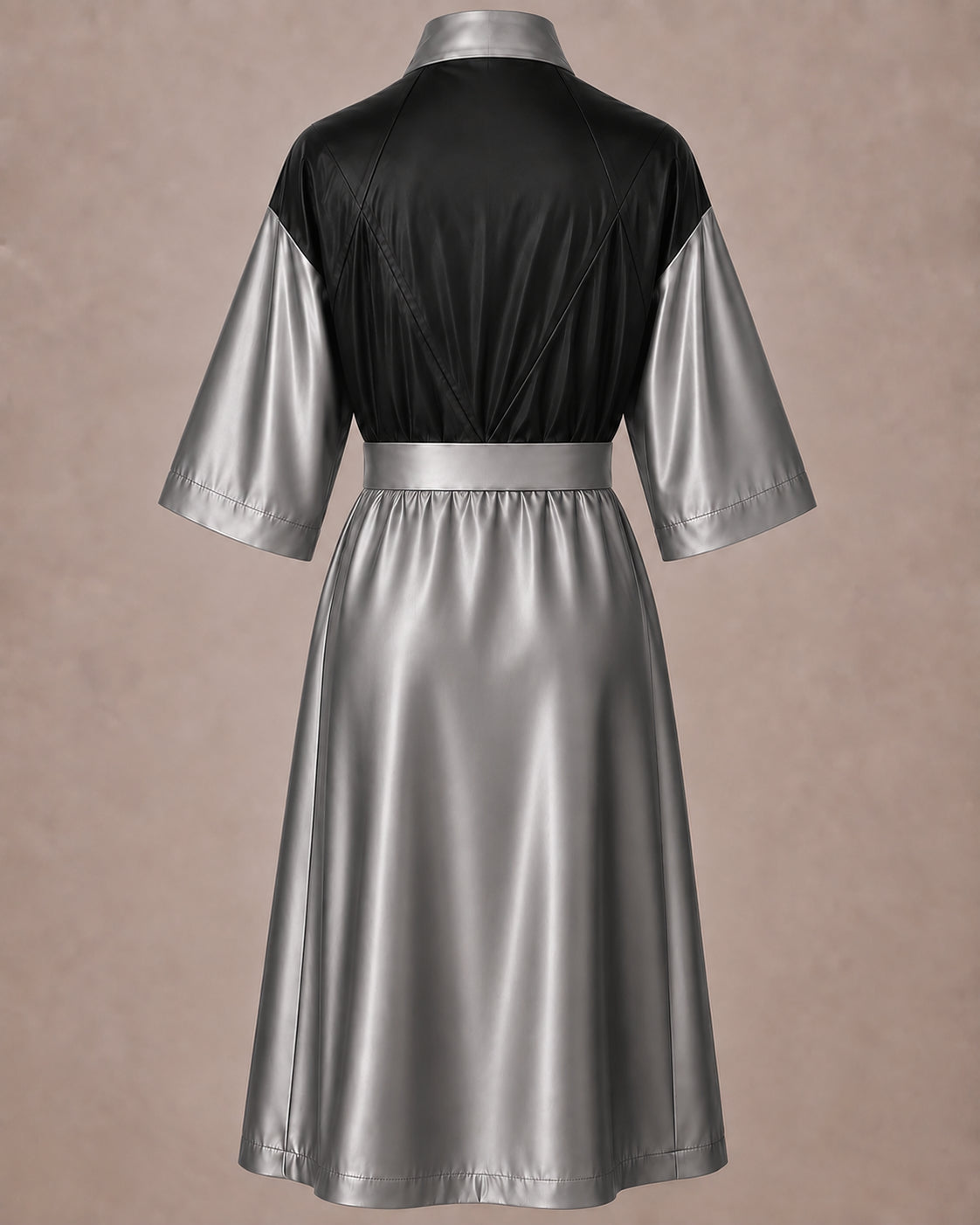 Silver Iridescent Kimono Client Robe back view with waterproof black back panel
