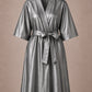 Silver iridescent Kimono Client Robe front view with matching waist belt