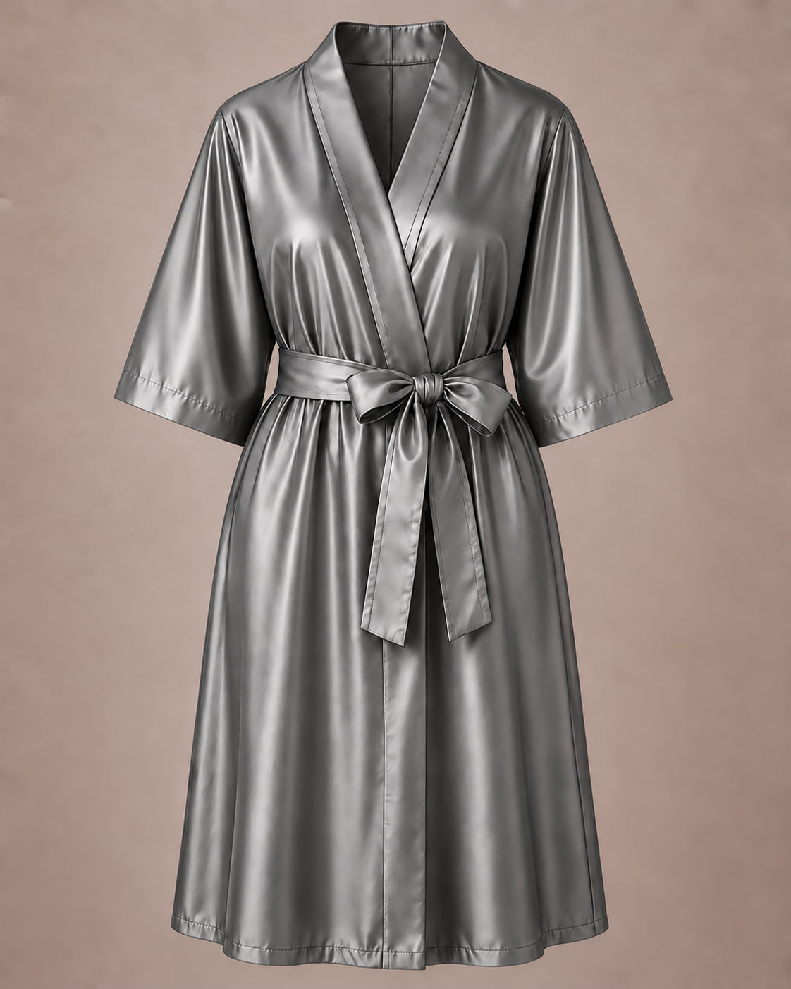Silver iridescent Kimono Client Robe front view with matching waist belt