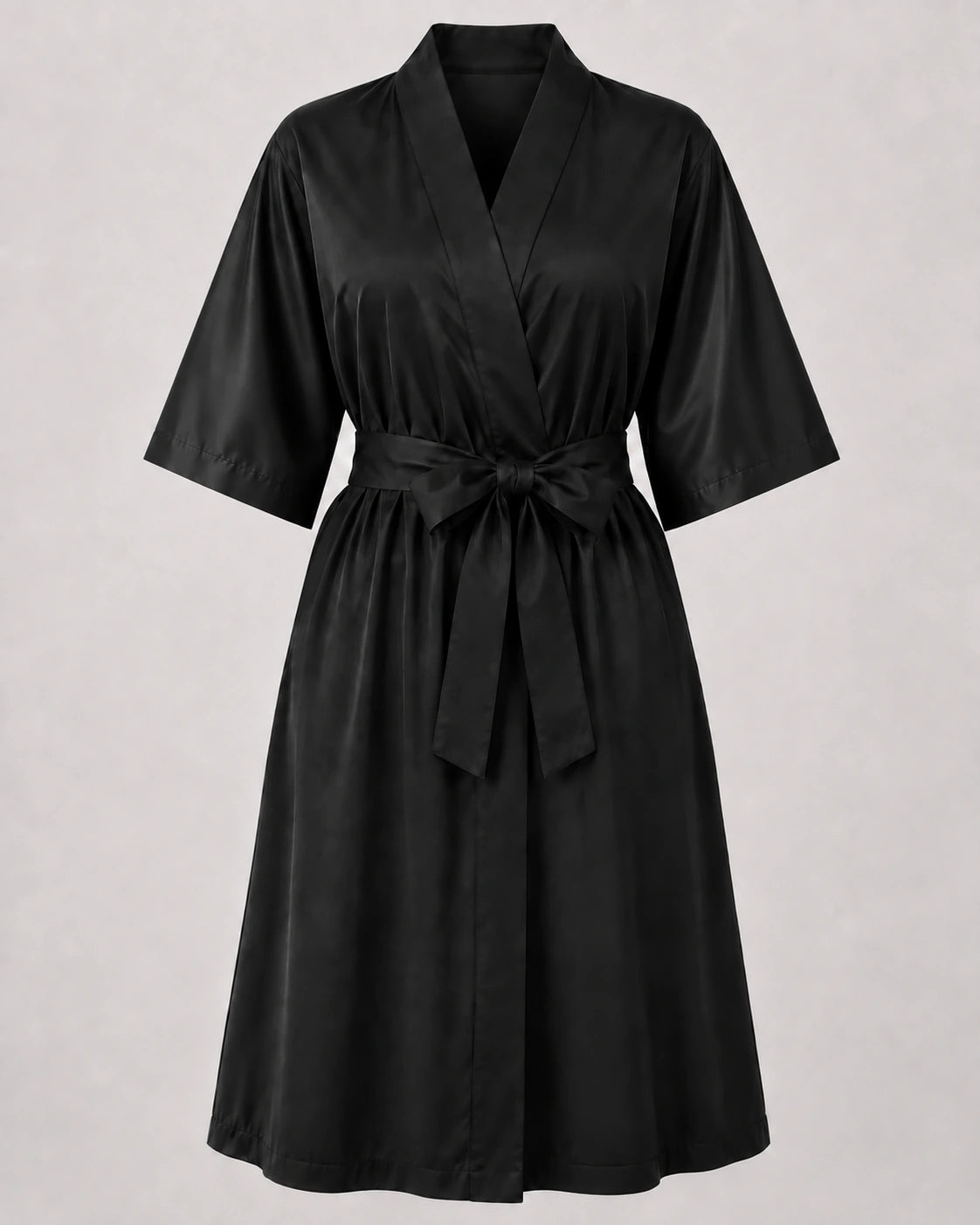 Black Crepe Kimono Client Robe front view with matching waist belt