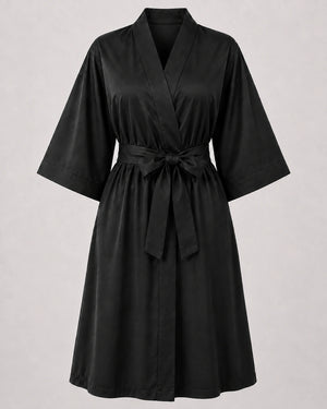 Black Crepe Kimono Client Robe front view with matching waist belt