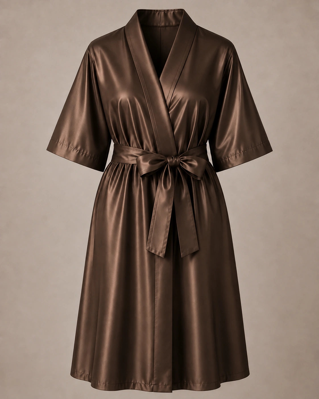 Brown iridescent Kimono Client Robe front view with matching waist belt