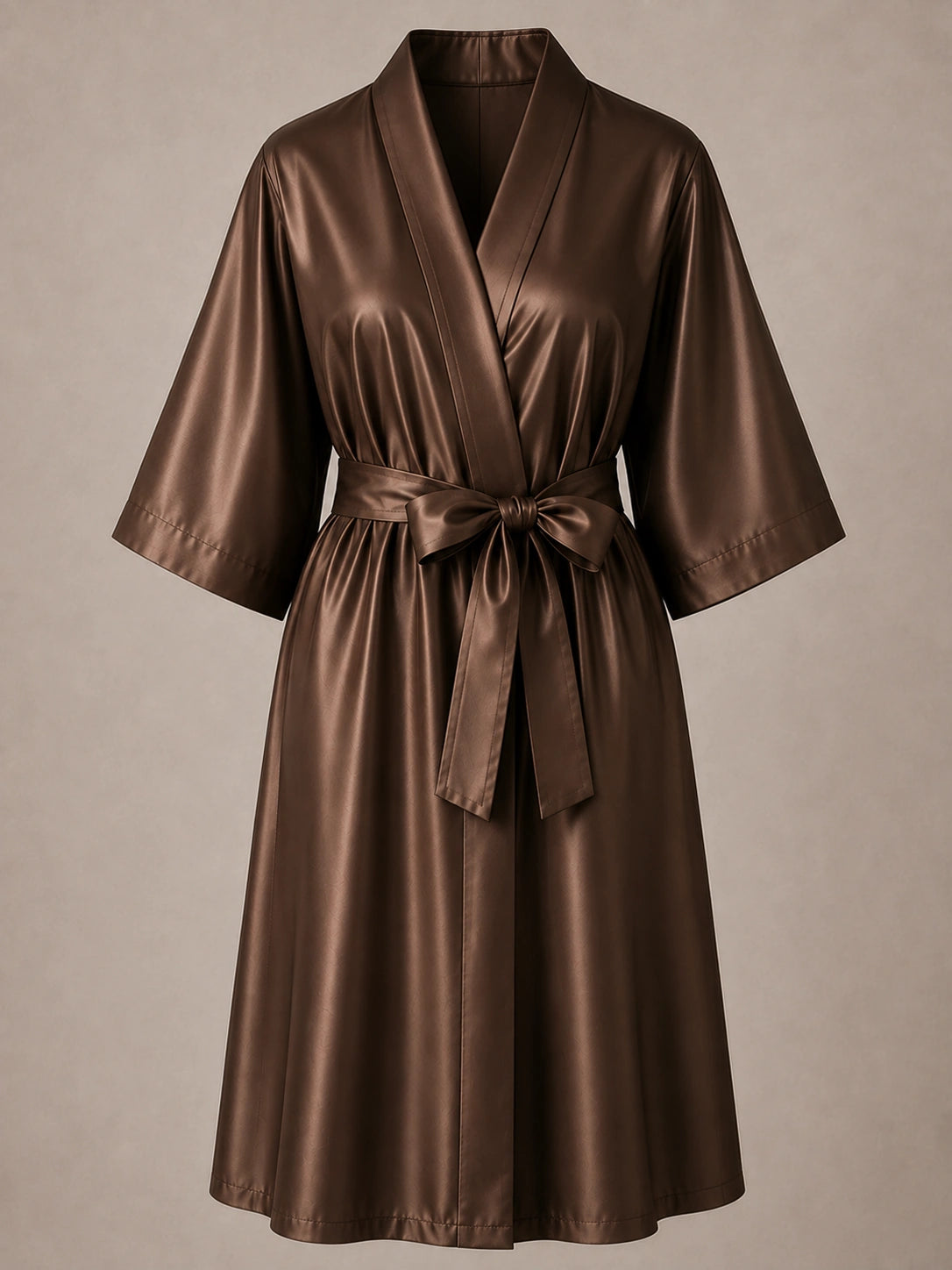 Brown Iridescent Kimono Client Robe front view with matching waist belt