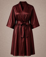 Burgundy Iridescent Kimono Client Robe front view with matching waist belt