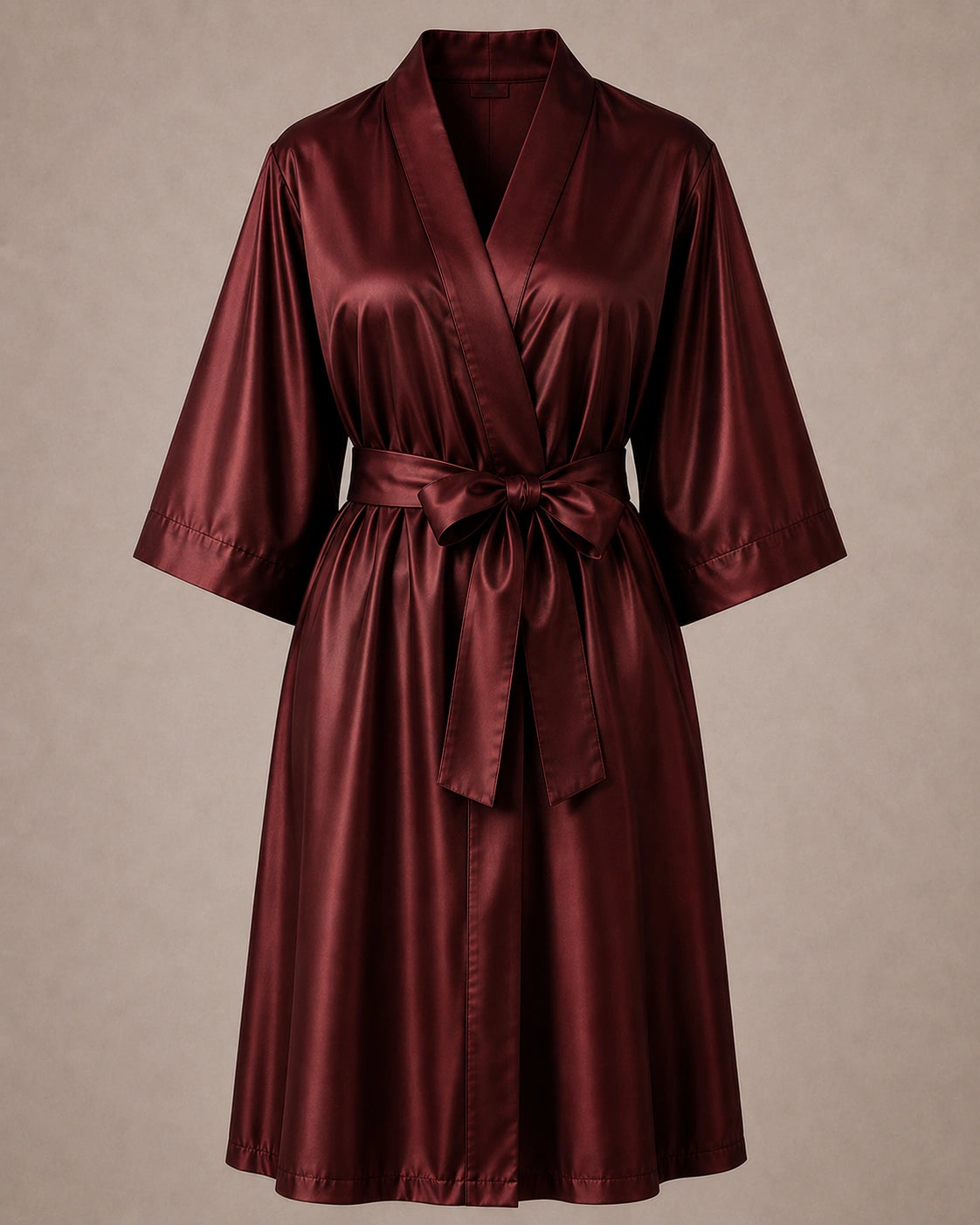 Burgundy Iridescent Kimono Client Robe front view with matching waist belt