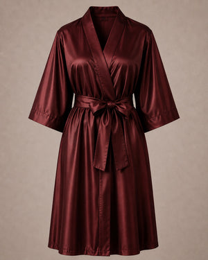 Burgundy Iridescent Kimono Client Robe front view with matching waist belt