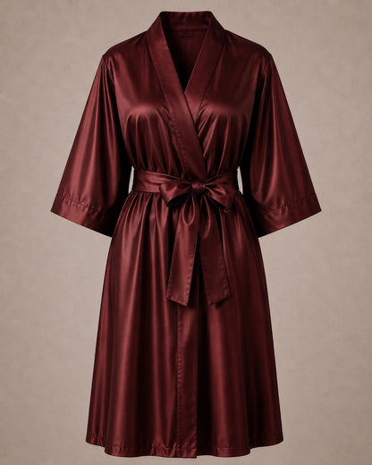 Burgundy Iridescent Kimono Client Robe front view with matching waist belt