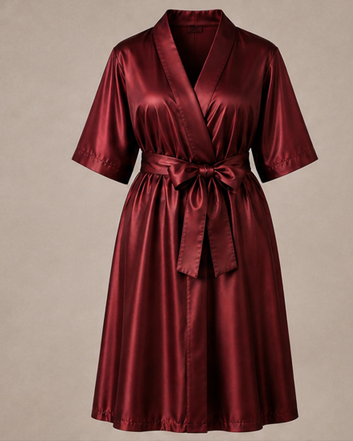 Burgundy Iridescent Kimono Client Robe front view with matching waist belt