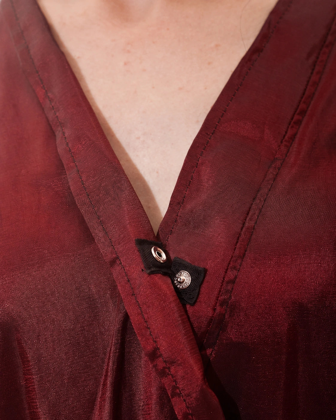 Burgundy Iridescent Kimono Client Robe neckline with secure snap closure detail