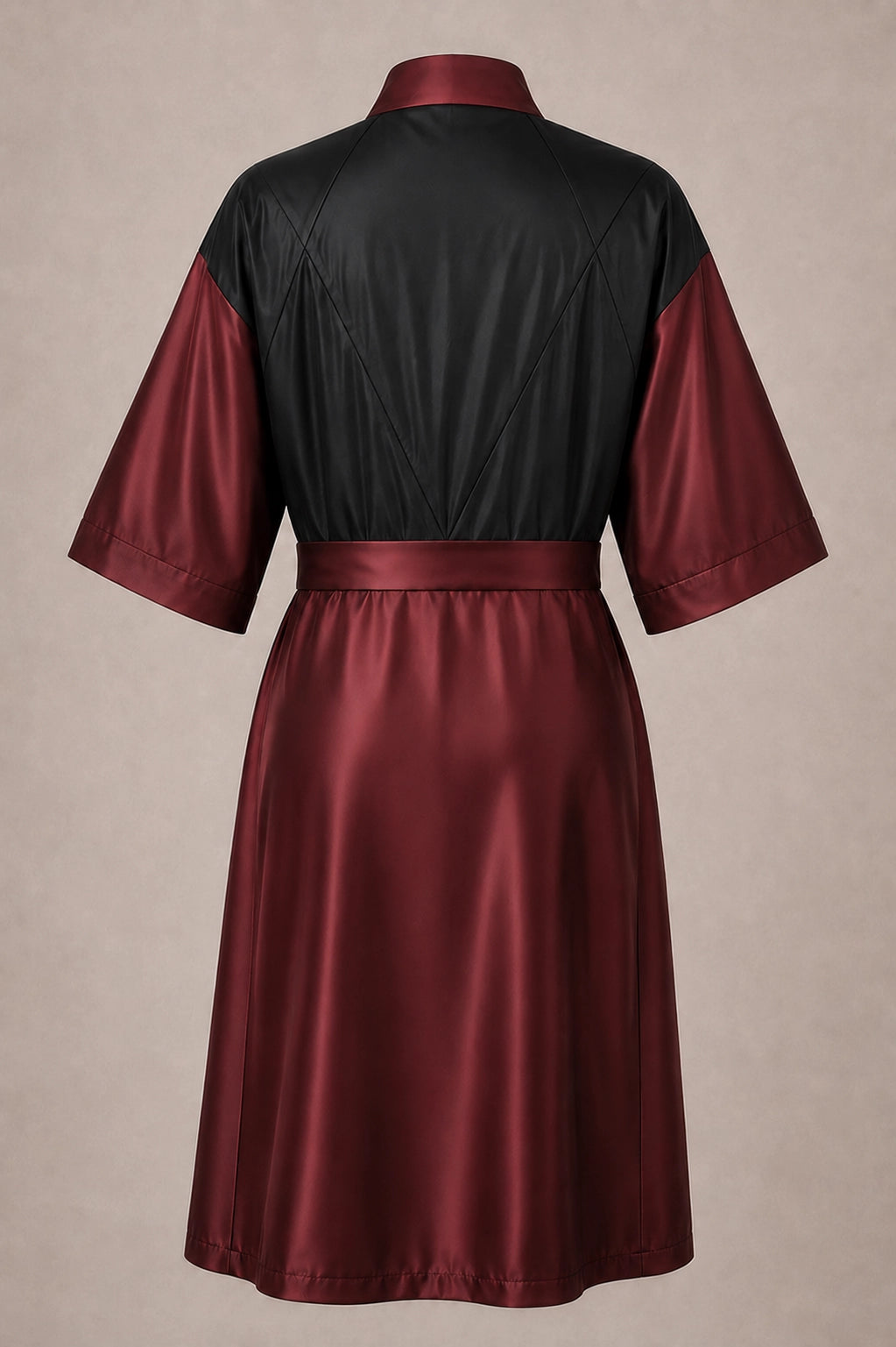 Burgundy Iridescent Kimono Client Robe back view with waterproof black back panel