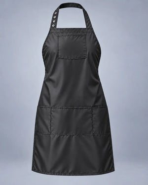 Black SalonCapes waterproof chemical apron with chest pocket and three lower storage pockets, front view