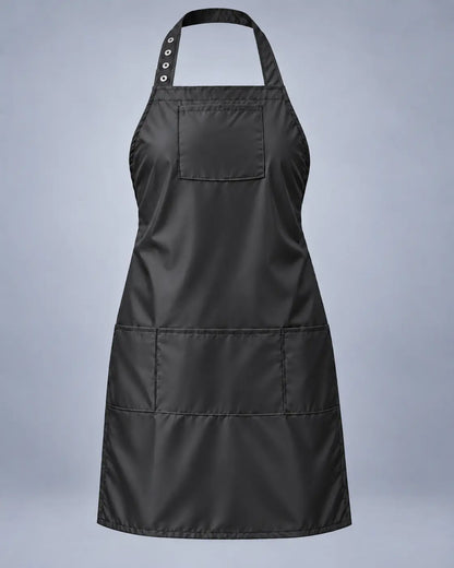 Black SalonCapes waterproof chemical apron with chest pocket and three lower storage pockets, front view