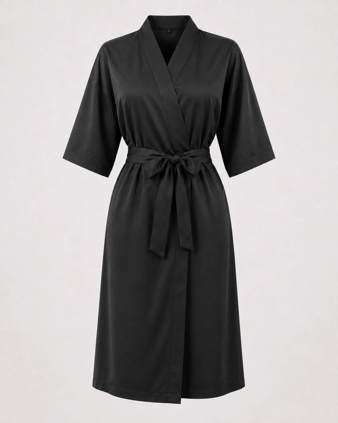 Black Crepe Kimono Client Robe front view with matching waist belt